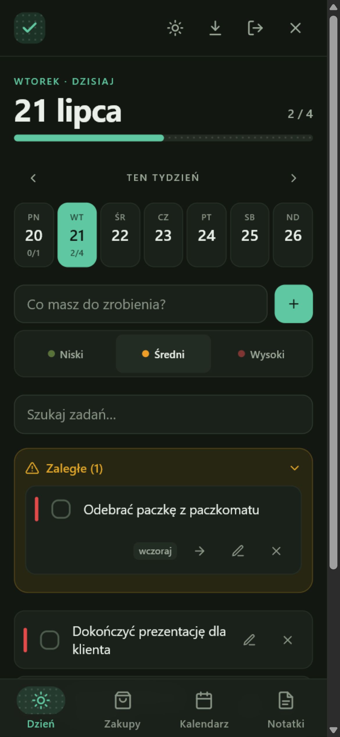 Plan dnia Daily Tracker na telefonie