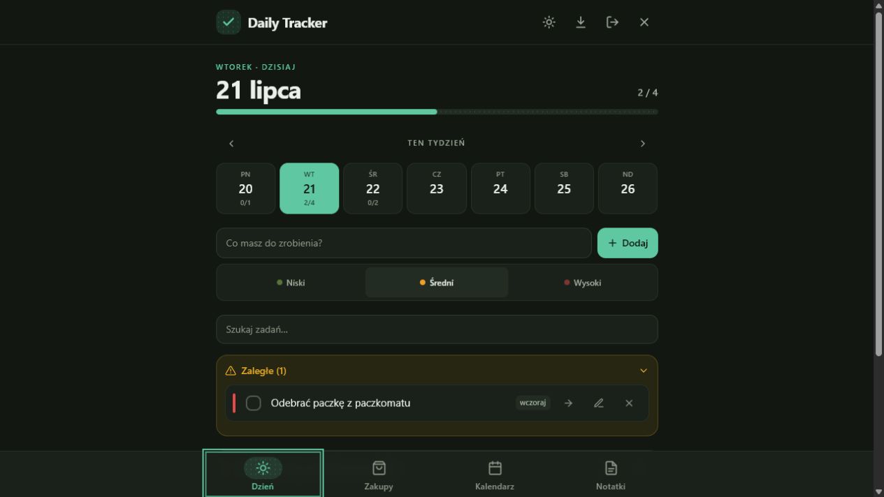 Pełny plan dnia Daily Tracker z zadaniami, priorytetami i postępem