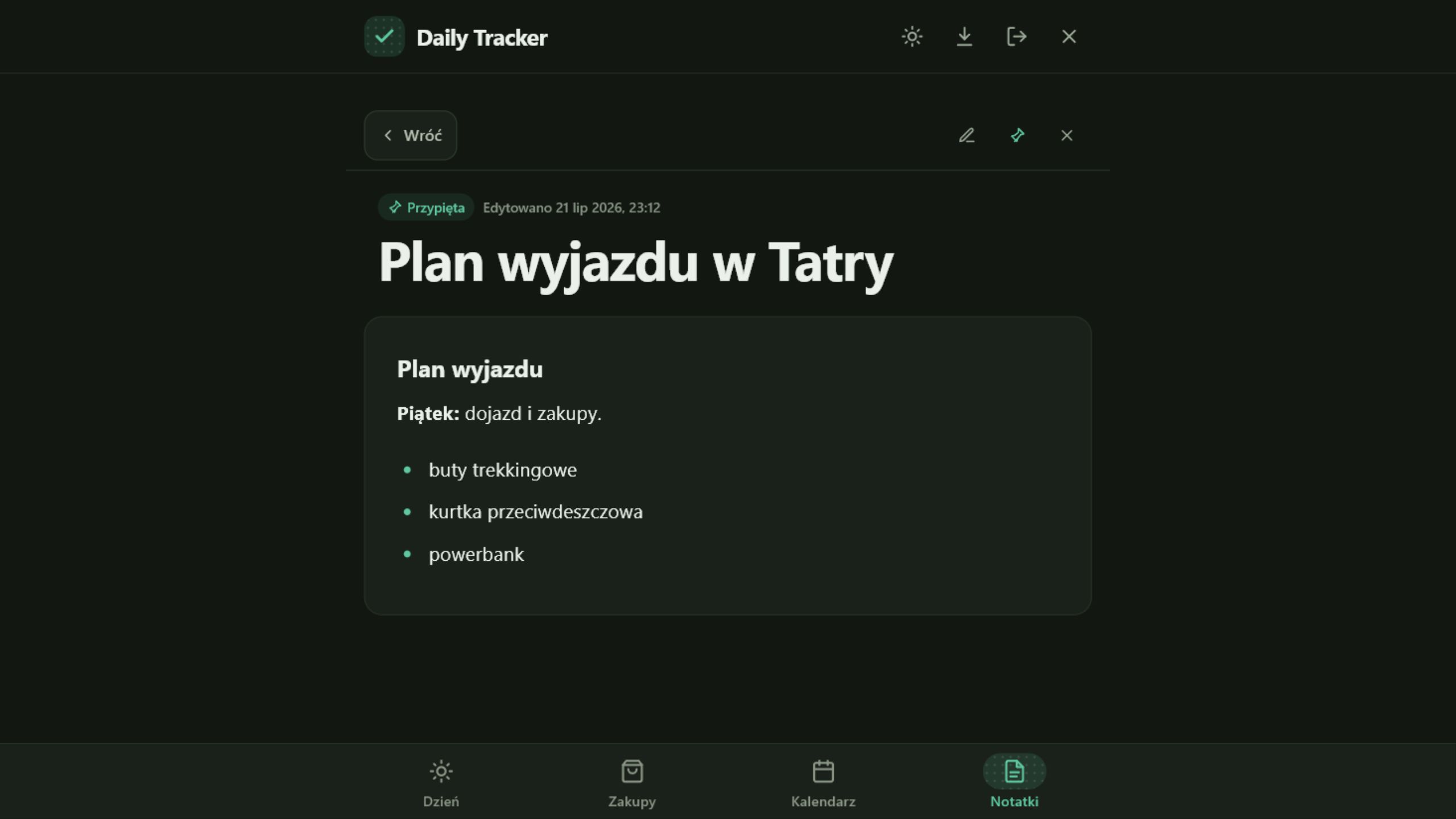 Sformatowana notatka z planem wyjazdu