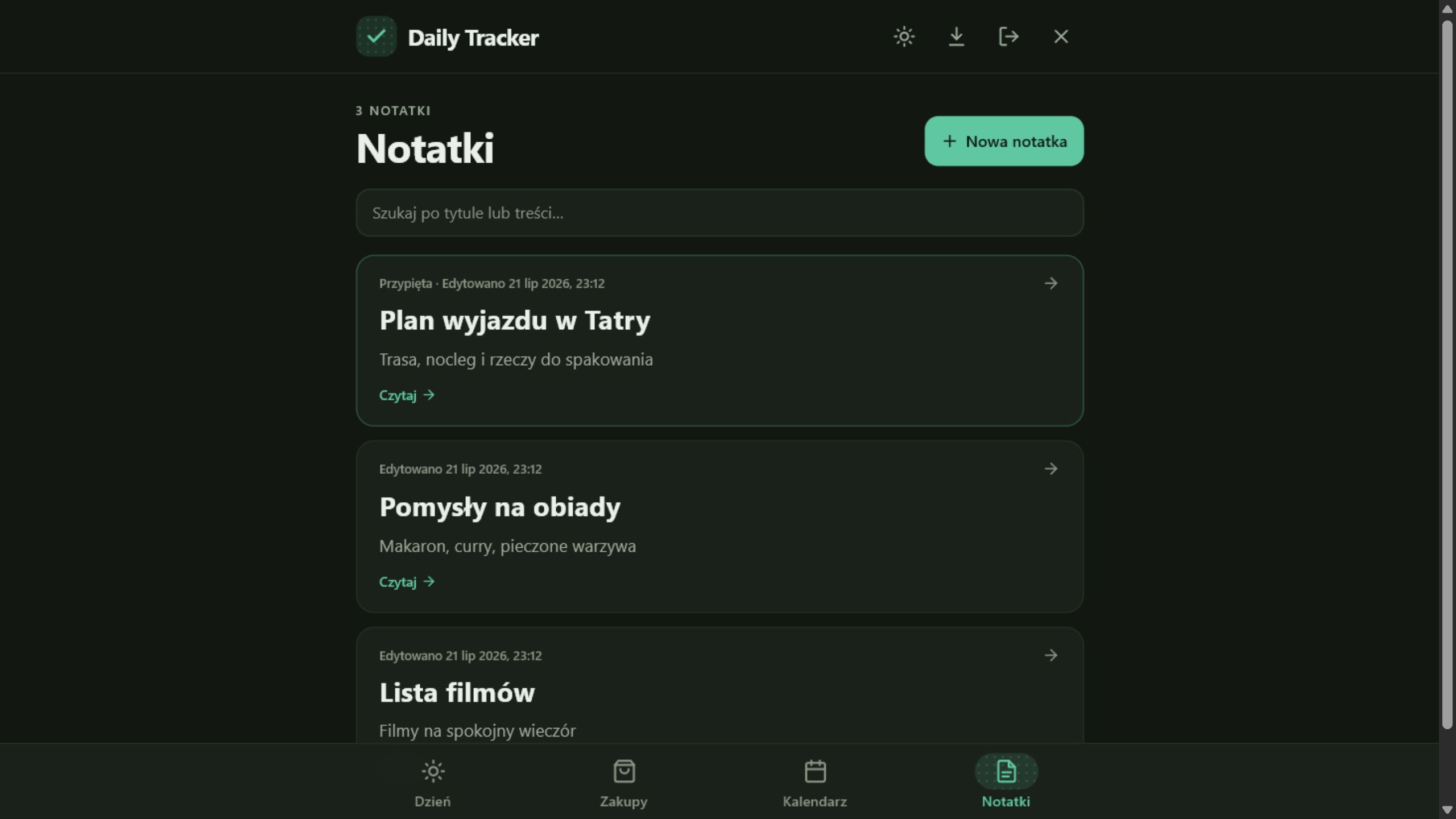 Lista przypiętych i zwykłych notatek