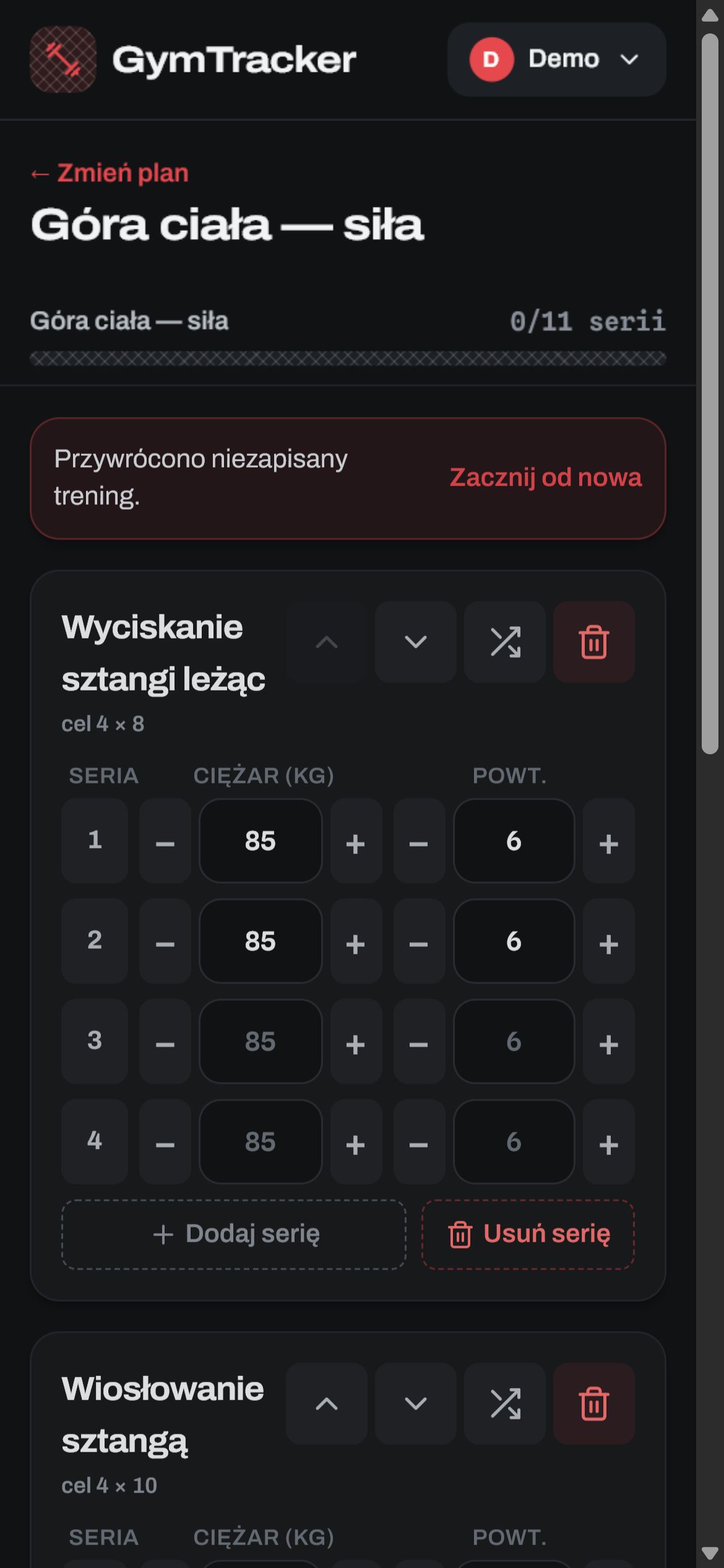 Aktywny trening Gym Tracker na telefonie